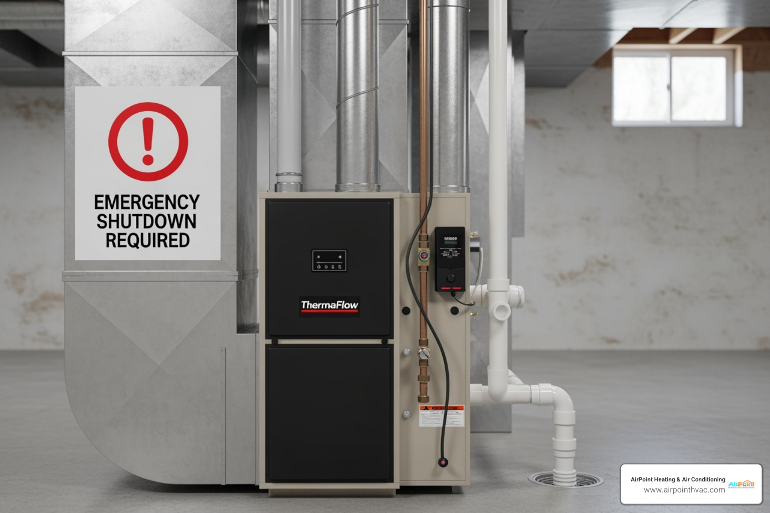 A furnace with a warning icon indicating an emergency - 24 hour heating service in cerritos ca A furnace with a warning icon indicating an emergency - 24 hour heating service in cerritos ca