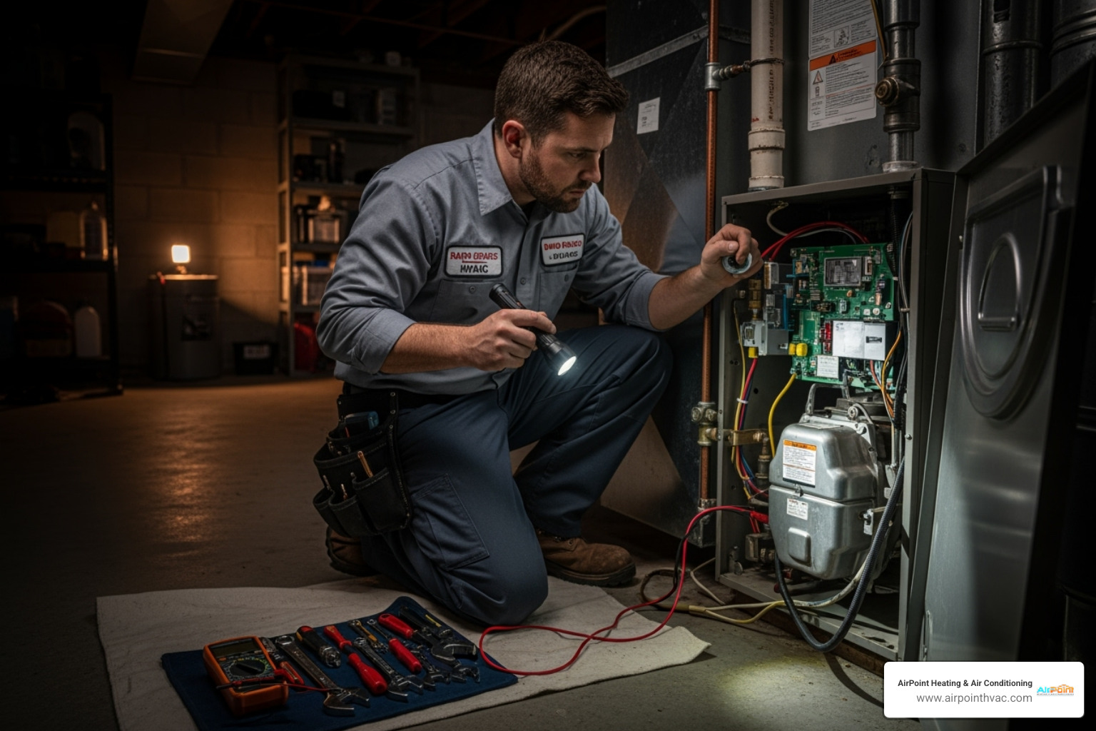 A technician working on a furnace at night, highlighting 24/7 service - 24 hour heating service in cerritos ca A technician working on a furnace at night, highlighting 24/7 service - 24 hour heating service in cerritos ca