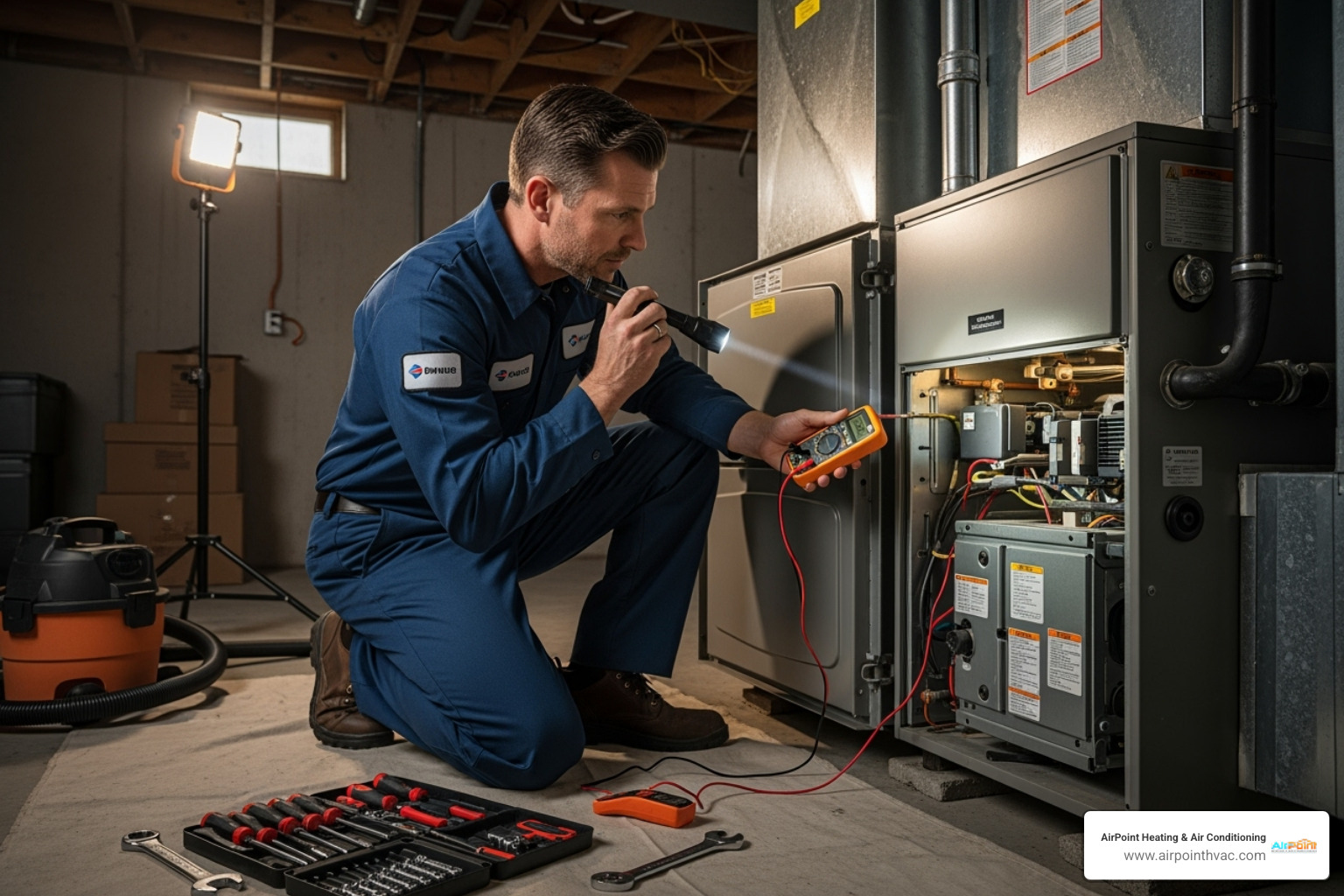 certified technician inspecting a furnace - heating service in dana point ca