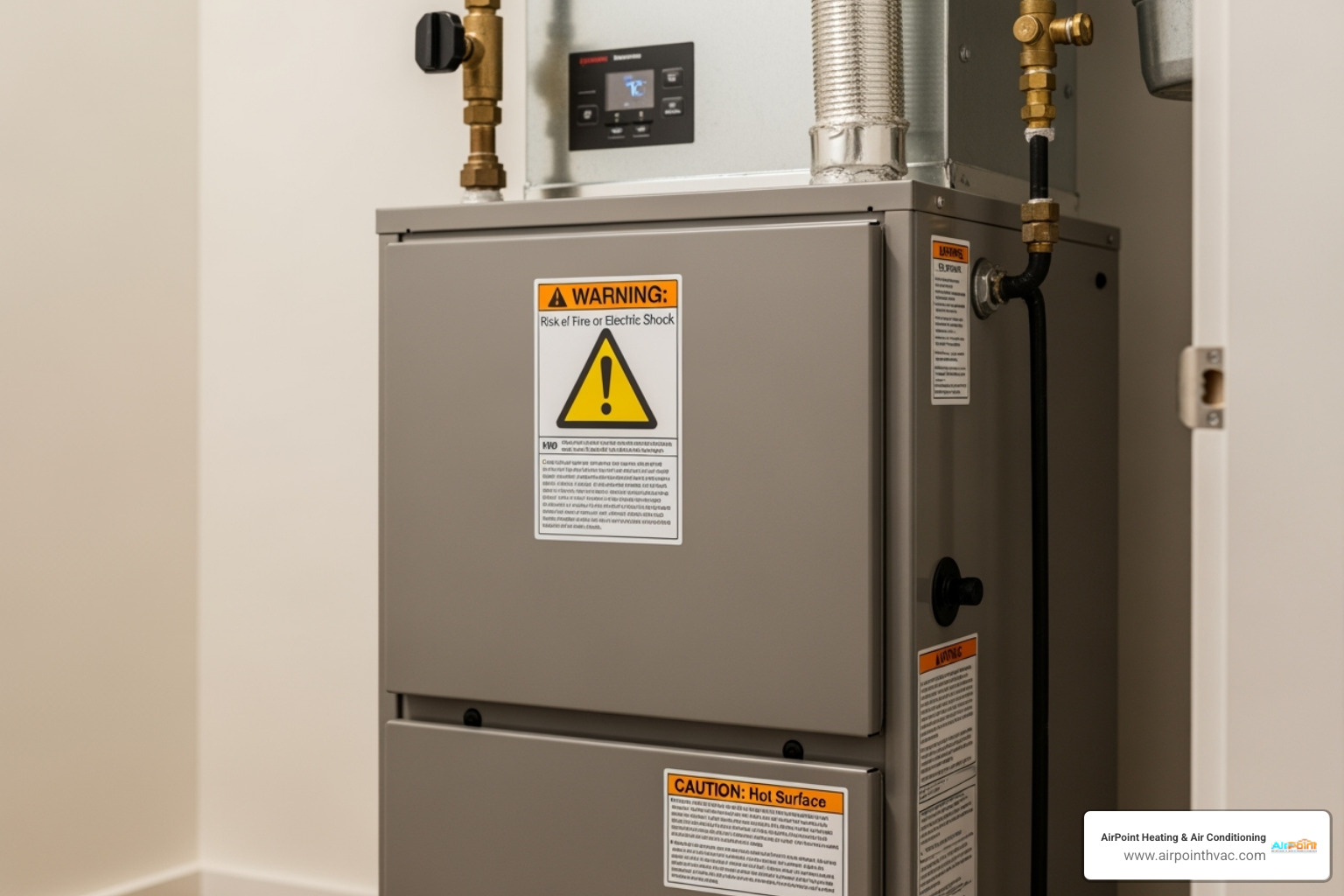 Furnace unit with a warning symbol over it - 24 hour heating service in fullerton ca Furnace unit with a warning symbol over it - 24 hour heating service in fullerton ca