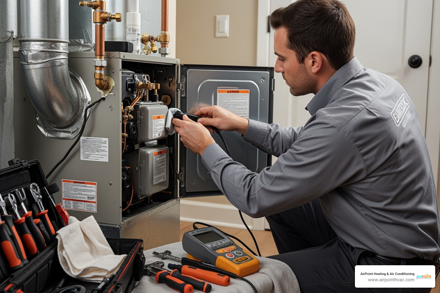 Technician performing a heating system tune-up - 24 hour heating service in fullerton ca Technician performing a heating system tune-up - 24 hour heating service in fullerton ca