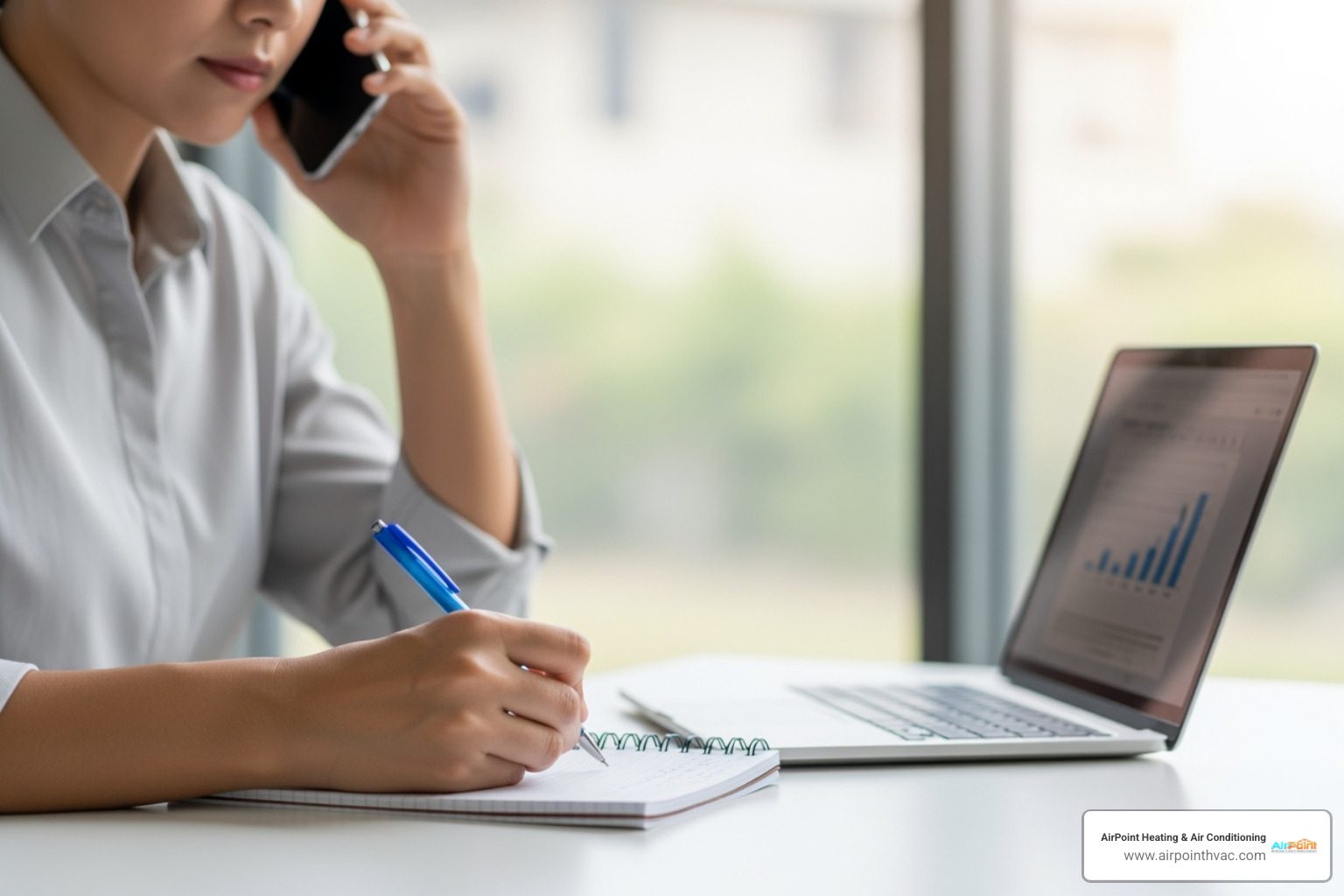 Person on the phone with a notepad, ready to provide information - 24 hour heating service in fullerton ca Person on the phone with a notepad, ready to provide information - 24 hour heating service in fullerton ca