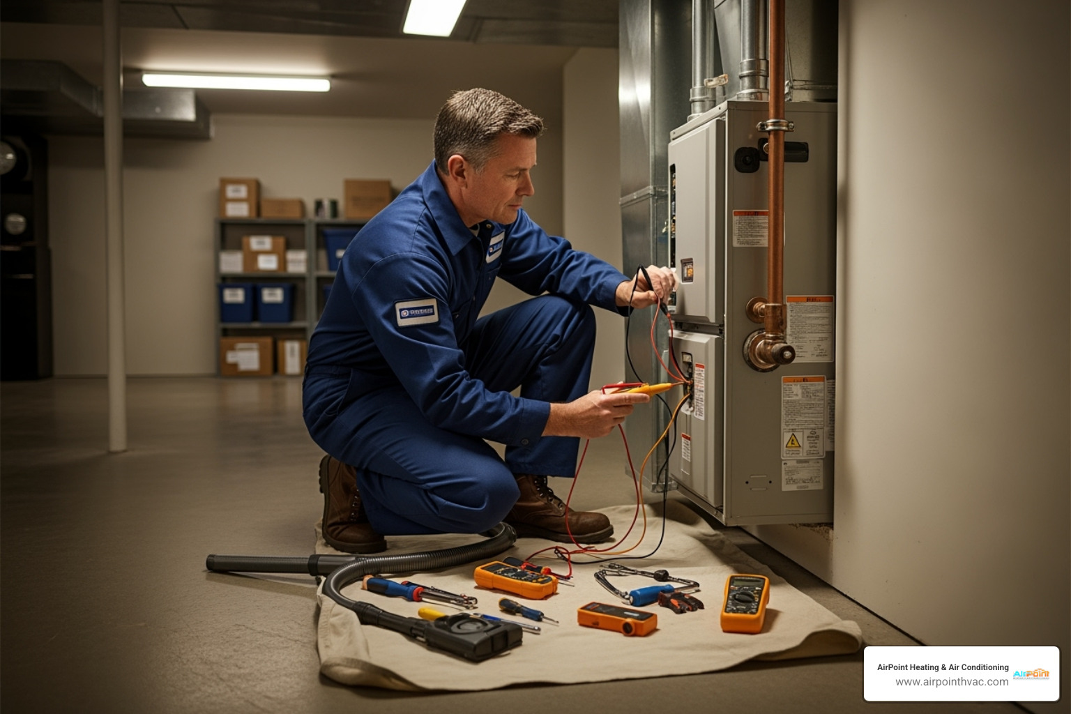 image of a technician performing a furnace tune-up - 24 hour heating service in downey ca image of a technician performing a furnace tune-up - 24 hour heating service in downey ca