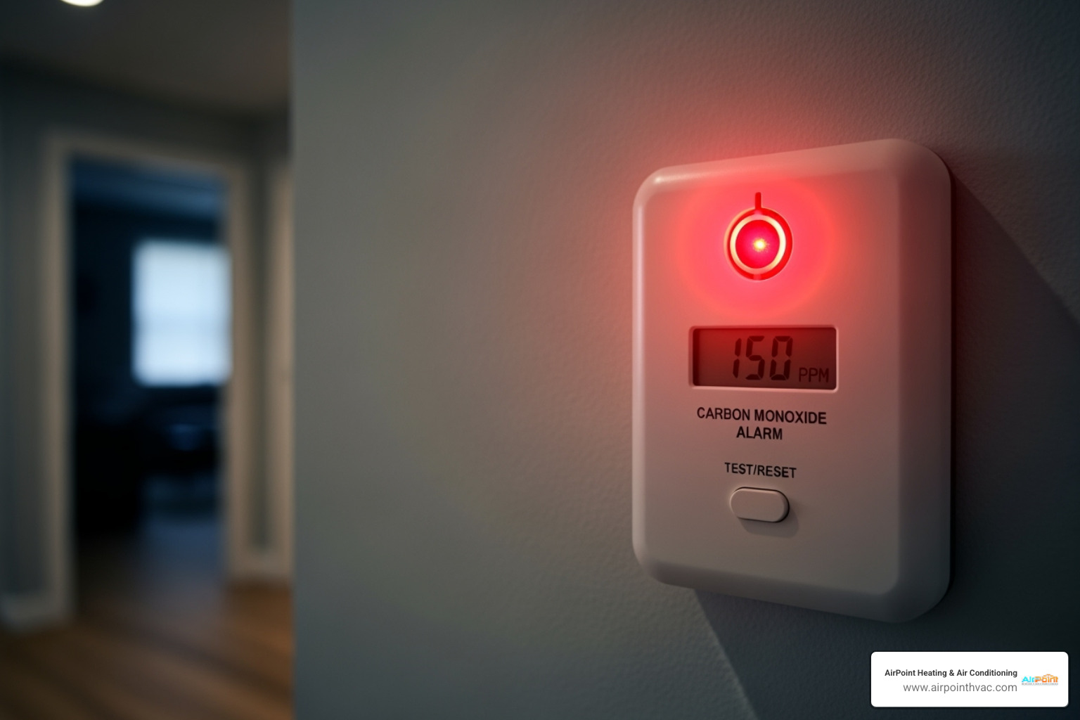 A carbon monoxide detector alarming with a glowing red light, signifying danger and the need for immediate action. - 24 hour heating service in garden grove ca