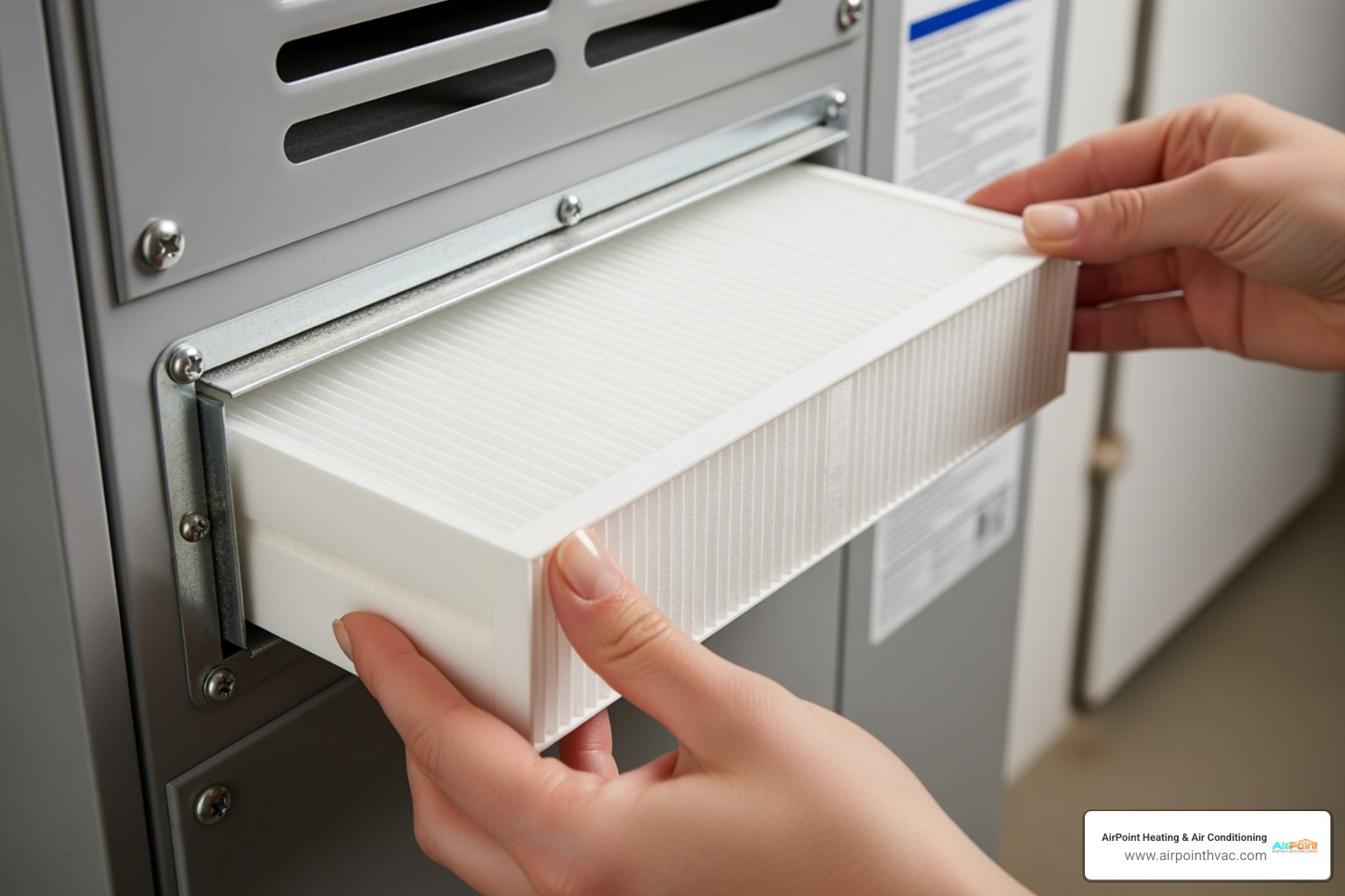 A person's hands are shown carefully replacing a clean, white air filter into the furnace unit, emphasizing the importance of regular maintenance. - 24 hour heating service in garden grove ca