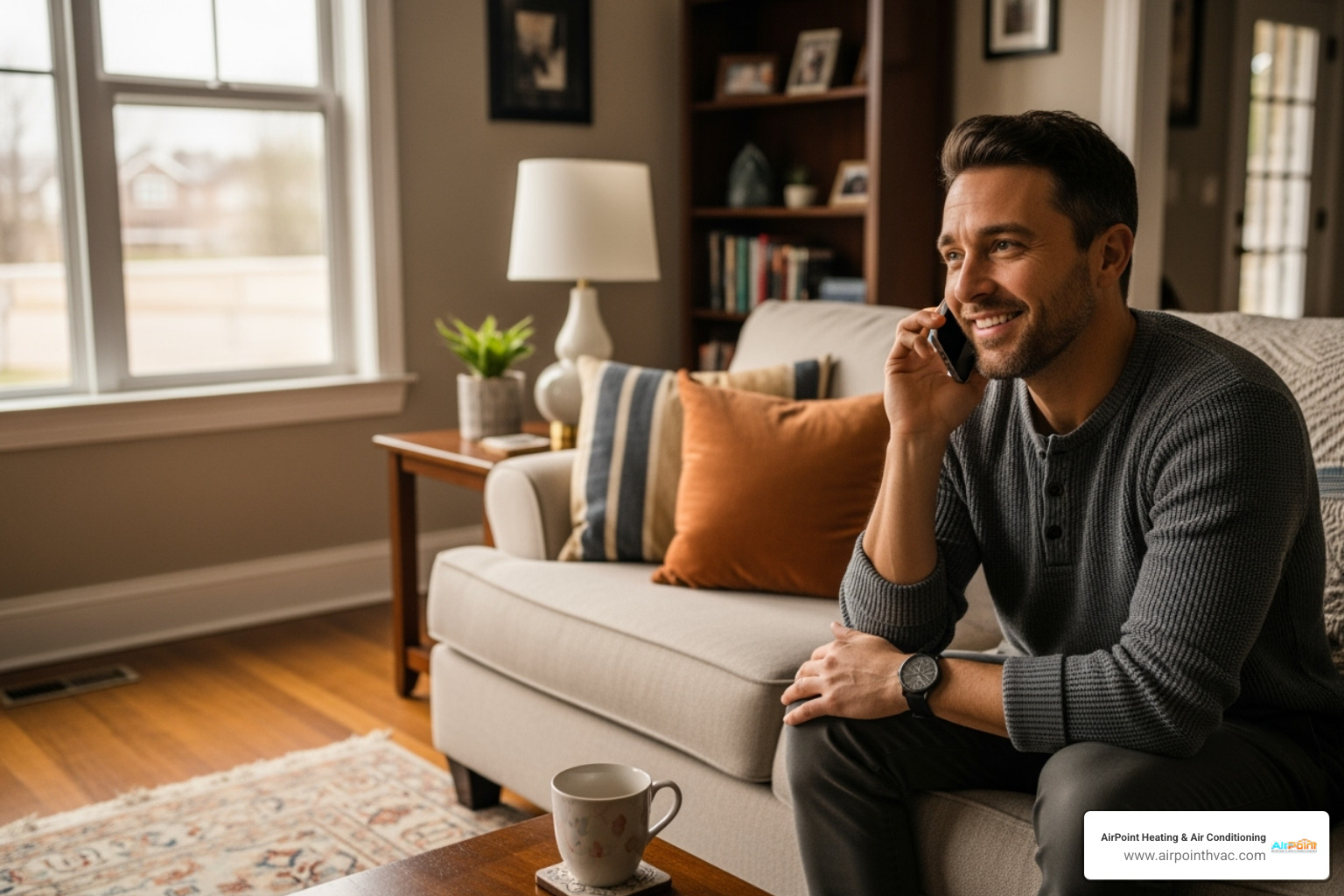 A homeowner sits on a sofa, holding a phone to their ear, looking relieved and smiling. The living room appears warm and comfortable. - 24 hour heating service in garden grove ca