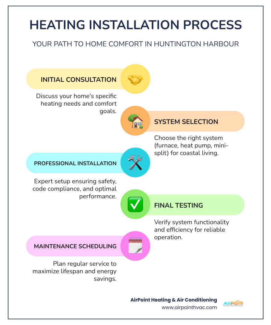 infographic showing the heating installation process from initial consultation through system selection, professional installation, testing, and maintenance scheduling with key benefits at each stage - heating installation in huntington harbour ca infographic infographic-line-5-steps-colors infographic showing the heating installation process from initial consultation through system selection, professional installation, testing, and maintenance scheduling with key benefits at each stage - heating installation in huntington harbour ca infographic infographic-line-5-steps-colors