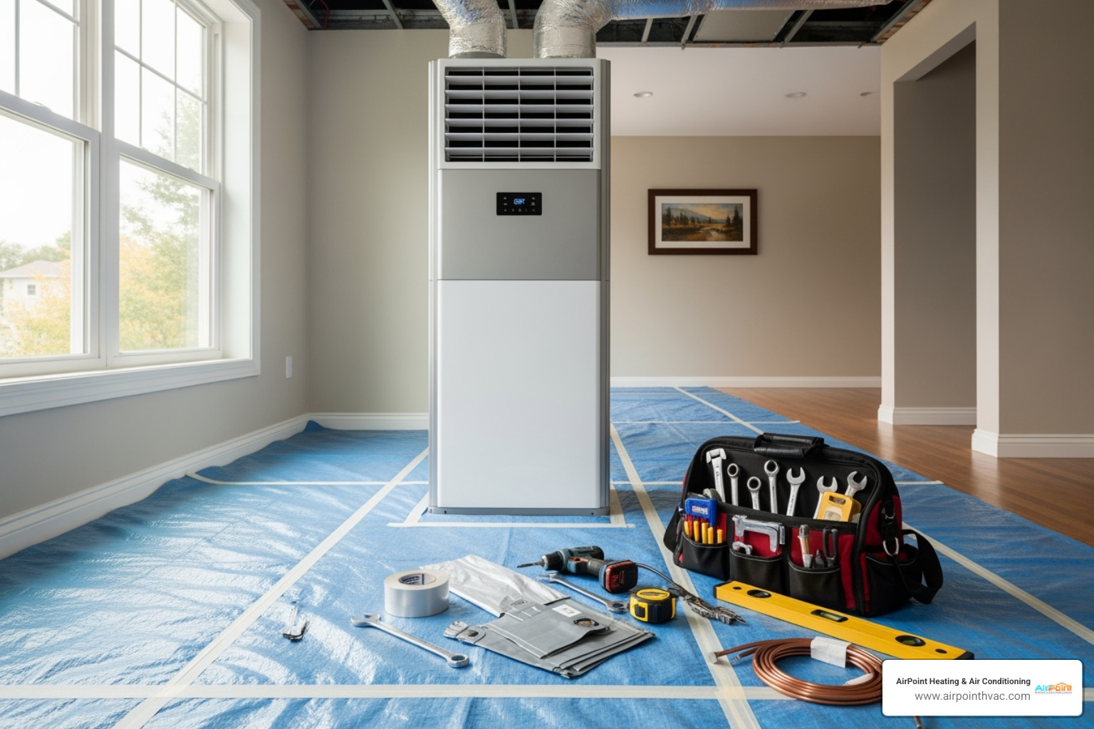 clean work area with a new HVAC unit ready for installation - heating installation in irvine ca