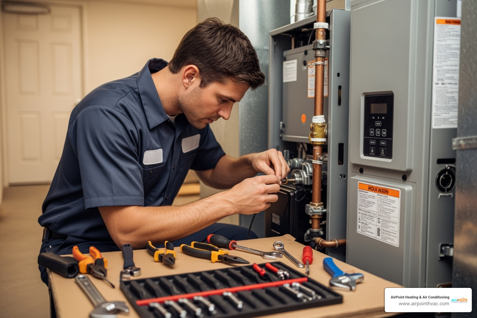 professional technician carefully installing a new furnace - heating installation in irvine ca