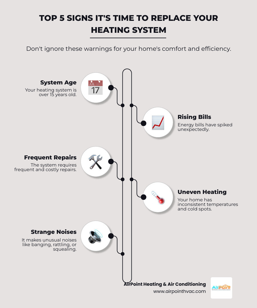Infographic showing the top 5 signs it's time to replace your heating system: 1) System age over 15 years with an icon of a calendar, 2) Rising energy bills with an upward trending graph, 3) Frequent repairs with a wrench and dollar sign, 4) Uneven heating and cold spots with a house divided into hot and cold zones, 5) Strange noises like banging or squealing with sound wave icons - new heating installation in beverly hills ca infographic infographic-line-5-steps-elegant_beige Infographic showing the top 5 signs it's time to replace your heating system: 1) System age over 15 years with an icon of a calendar, 2) Rising energy bills with an upward trending graph, 3) Frequent repairs with a wrench and dollar sign, 4) Uneven heating and cold spots with a house divided into hot and cold zones, 5) Strange noises like banging or squealing with sound wave icons - new heating installation in beverly hills ca infographic infographic-line-5-steps-elegant_beige