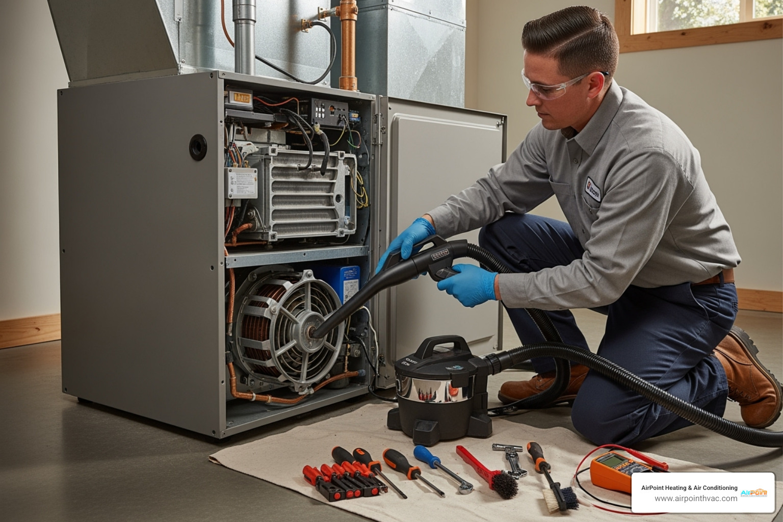 A technician cleaning an indoor furnace component - heating repair in hermosa beach ca A technician cleaning an indoor furnace component - heating repair in hermosa beach ca