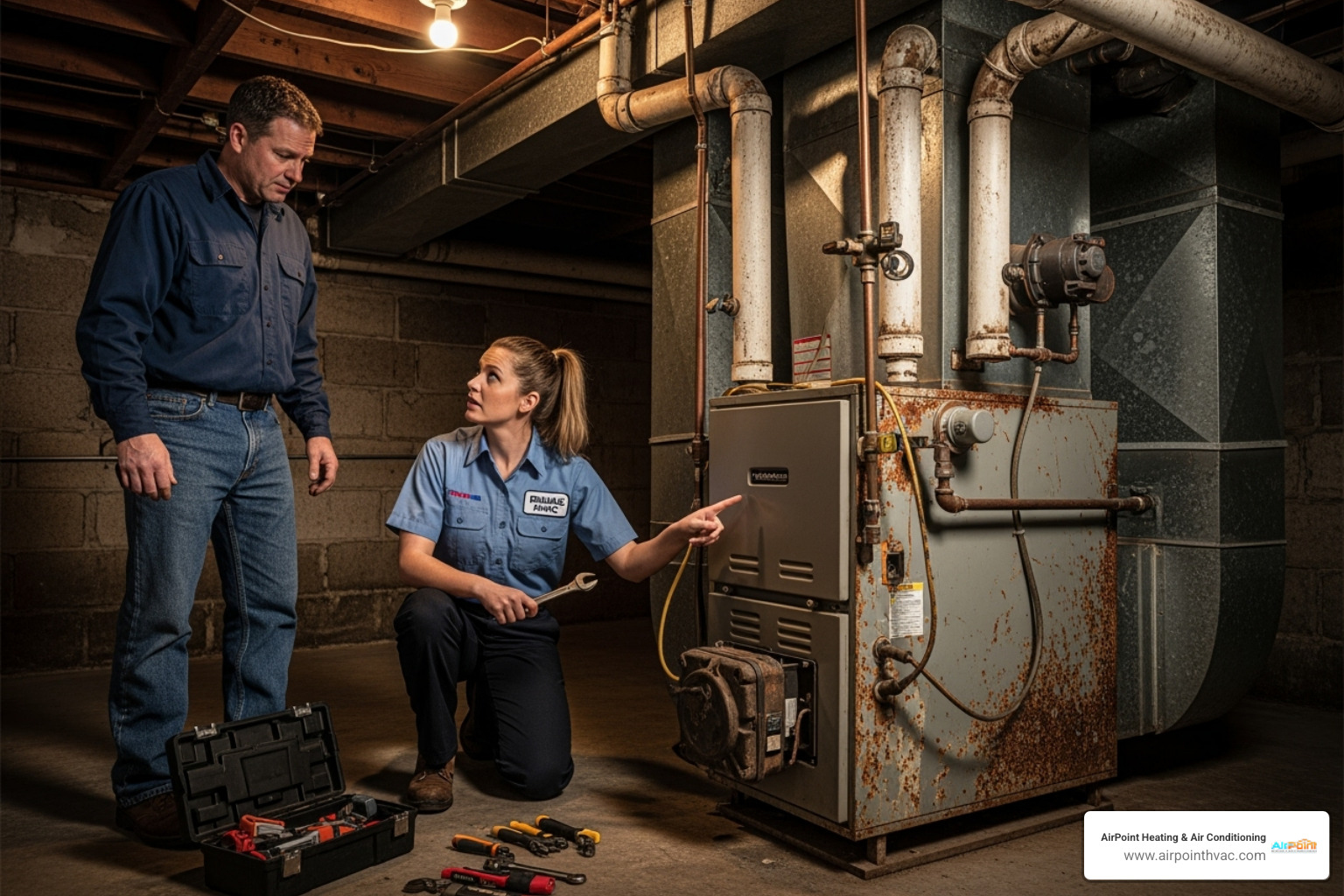 A homeowner looking at an old furnace while talking to a technician - heating repair in hermosa beach ca A homeowner looking at an old furnace while talking to a technician - heating repair in hermosa beach ca
