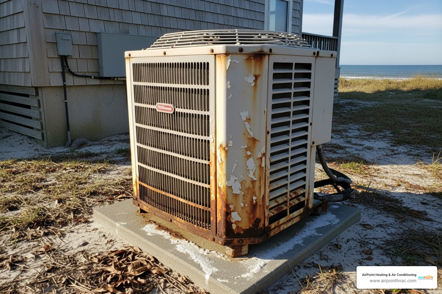 A slightly corroded outdoor HVAC unit near a coastal home - heating repair in hermosa beach ca A slightly corroded outdoor HVAC unit near a coastal home - heating repair in hermosa beach ca