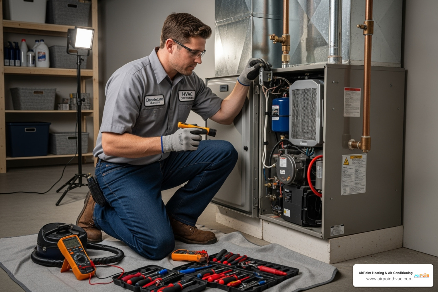 professional technician servicing a furnace - heating service in lakewood ca