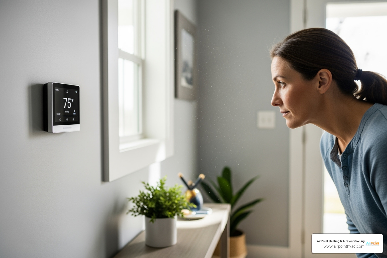homeowner looking quizzically at a thermostat - heating service in lakewood ca