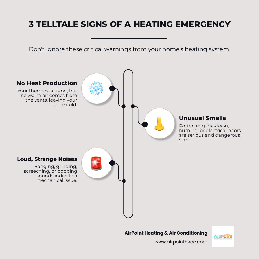 infographic showing three key signs of heating emergency: no heat when thermostat is on, strange smells like rotten eggs or burning, and unusual loud noises from furnace - 24 hour heating service in la habra ca infographic infographic-line-3-steps-elegant_beige