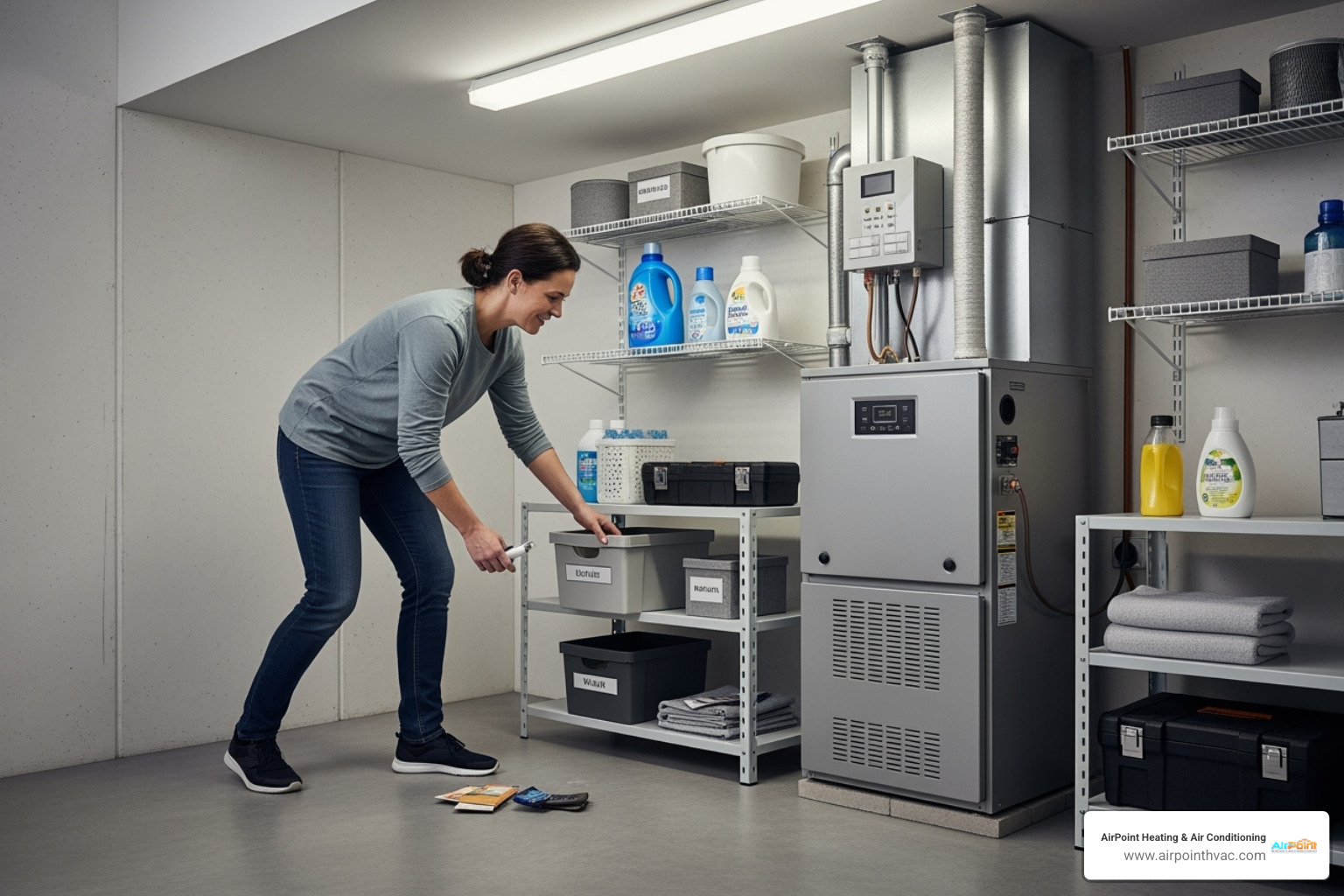 homeowner clearing the area around their furnace - 24 hour heating service in la habra ca