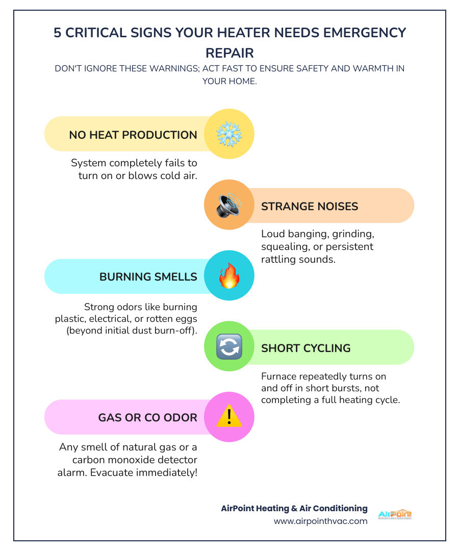 infographic showing 5 warning signs of heating emergency: no heat production, unusual loud noises, burning plastic smell, furnace short cycling every few minutes, and gas odor requiring immediate evacuation - 24 hour heating service in mission viejo ca infographic infographic-line-5-steps-colors