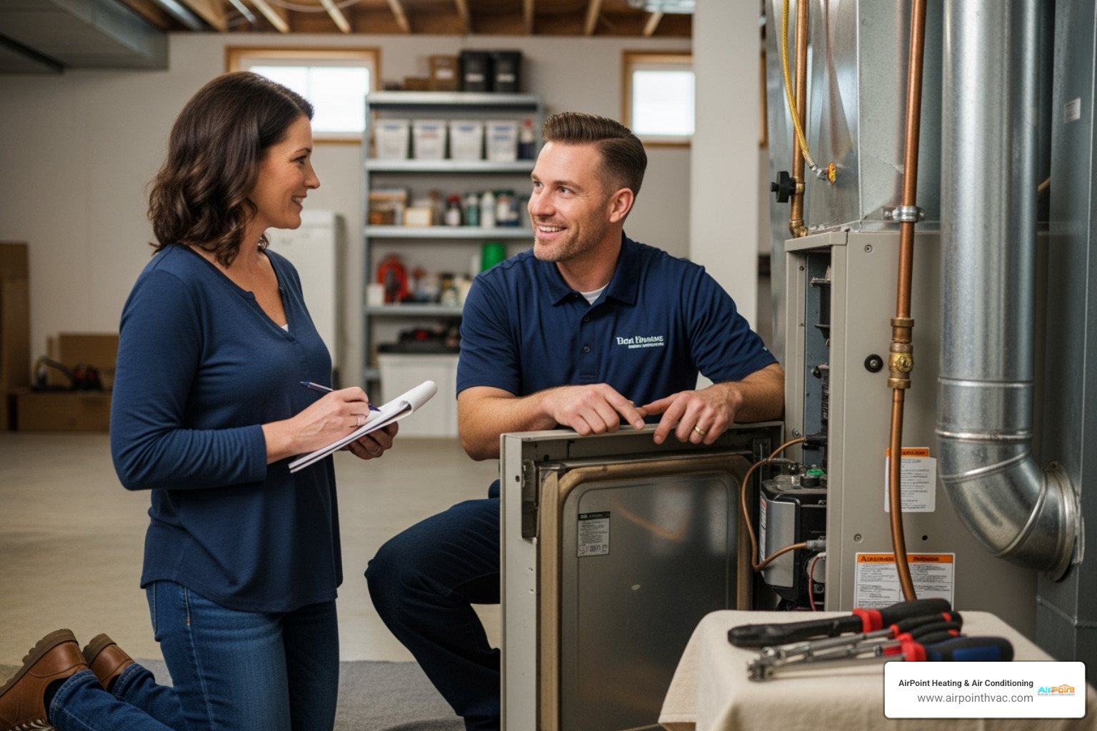 A friendly, professional technician talking to a homeowner - 24 hour heating service in mission viejo ca