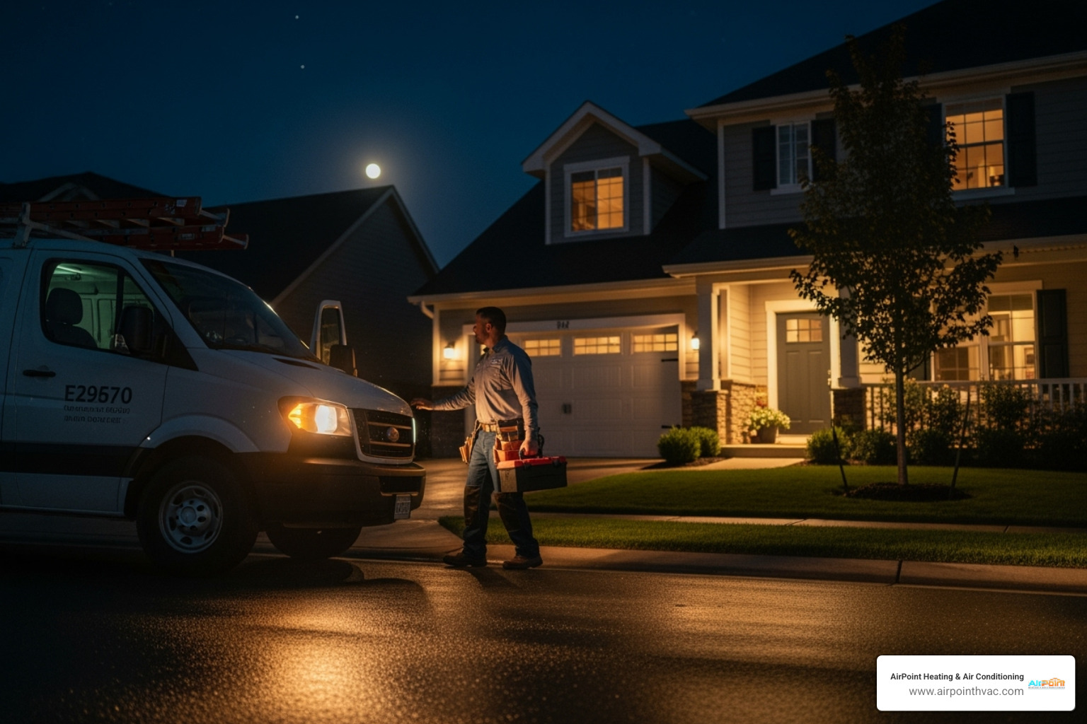 A service van with "24/7 Service" on the side arriving at a home at night - 24 hour heating service in mission viejo ca