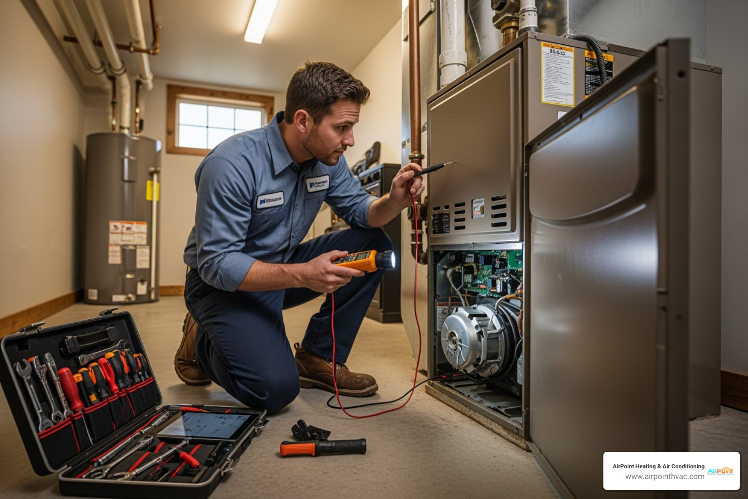 technician diagnosing a heating system - 24 hour heating service in brea ca