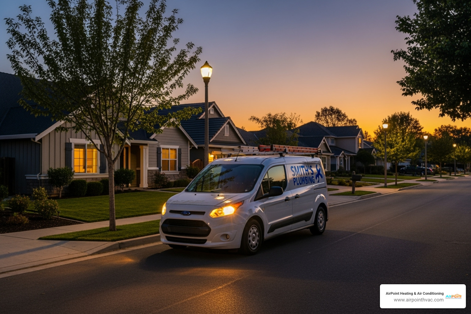 service van with a logo driving through a Brea neighborhood at dusk - 24 hour heating service in brea ca