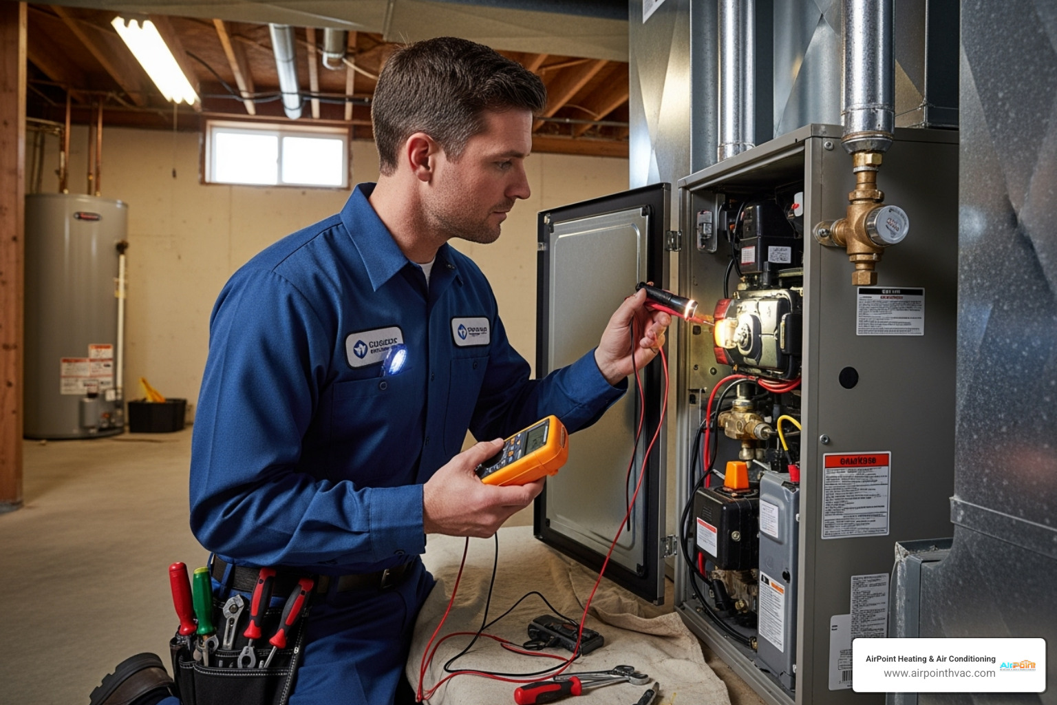 Professional technician diagnosing a furnace - 24 hour heating service in fountain valley ca Professional technician diagnosing a furnace - 24 hour heating service in fountain valley ca