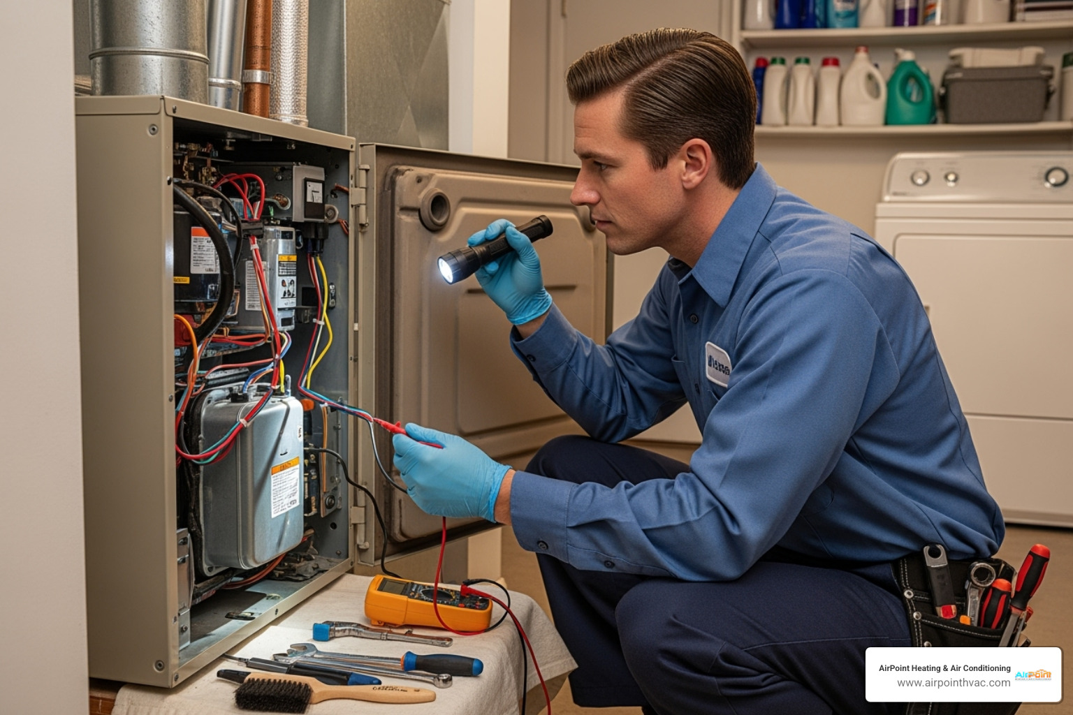 Technician working on a heating unit with proper tools - 24 hour heating service in los alamitos ca