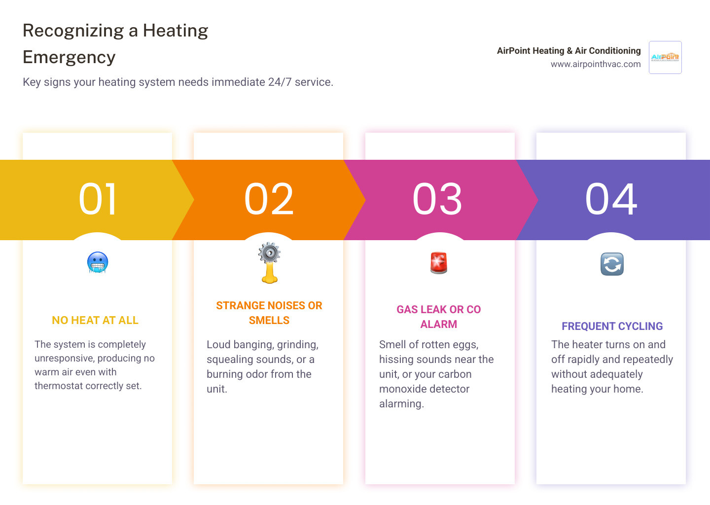 Infographic showing the top 3 signs you need emergency heating help: 1. No heat at all with thermostat set correctly, 2. Strange burning smell or loud unusual noises from the unit, 3. Visible gas leak signs or carbon monoxide detector alarm - 24 hour heating service in los alamitos ca infographic pillar-4-steps