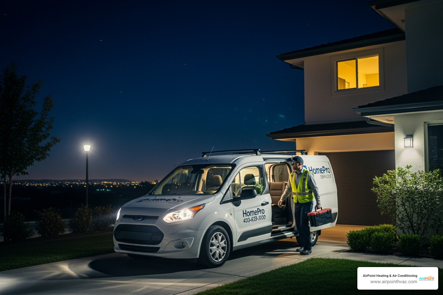 technician's van arriving at a suburban home at night - 24 hour heating service in la mirada ca