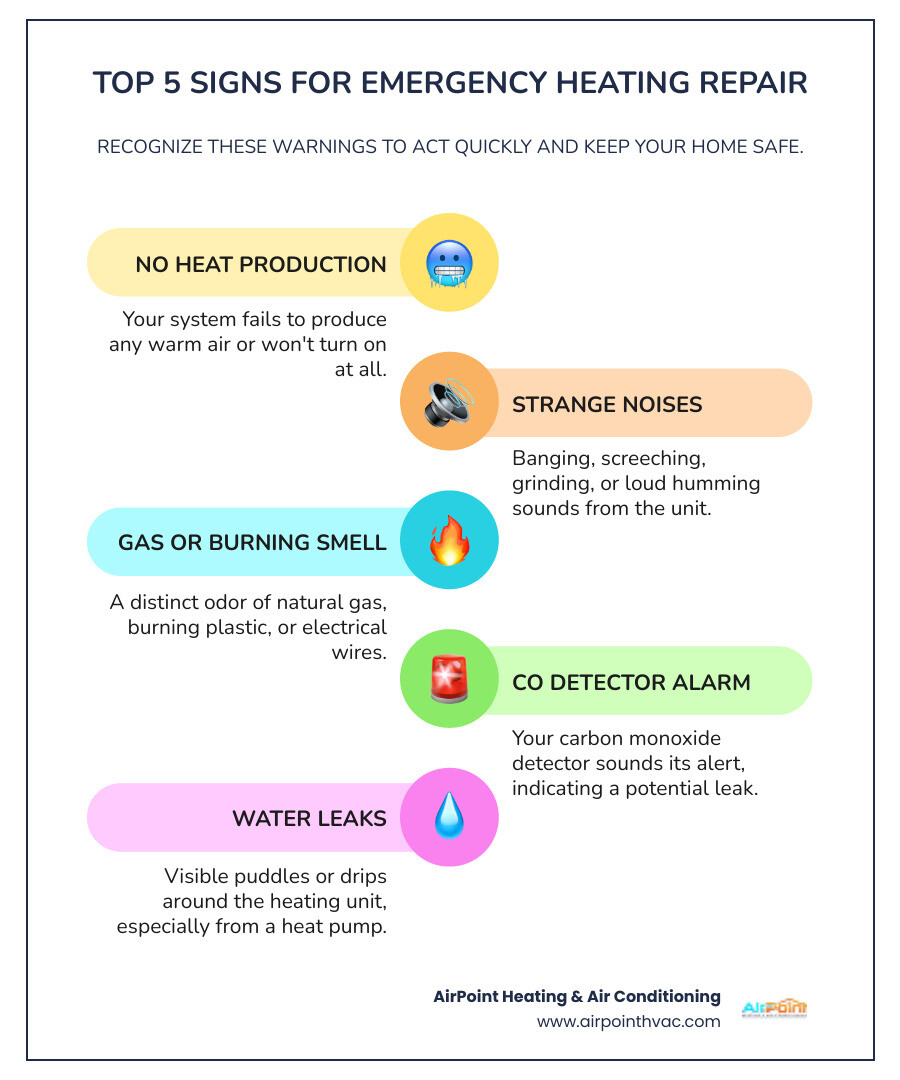 infographic showing the top 5 signs you need emergency heating repair: no heat production, strange noises like banging or screeching, smell of gas or burning, carbon monoxide detector alarm, and visible water leaks around the heating unit - 24 hour heating service in long beach ca infographic infographic-line-5-steps-colors