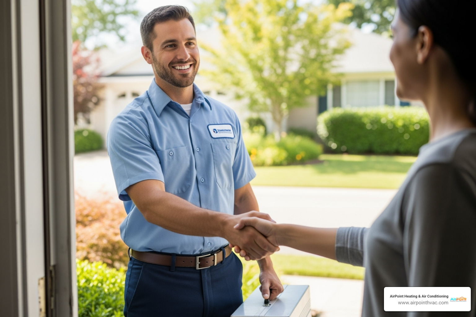 homeowner greeting a friendly technician at the door - 24 hour heating service in long beach ca