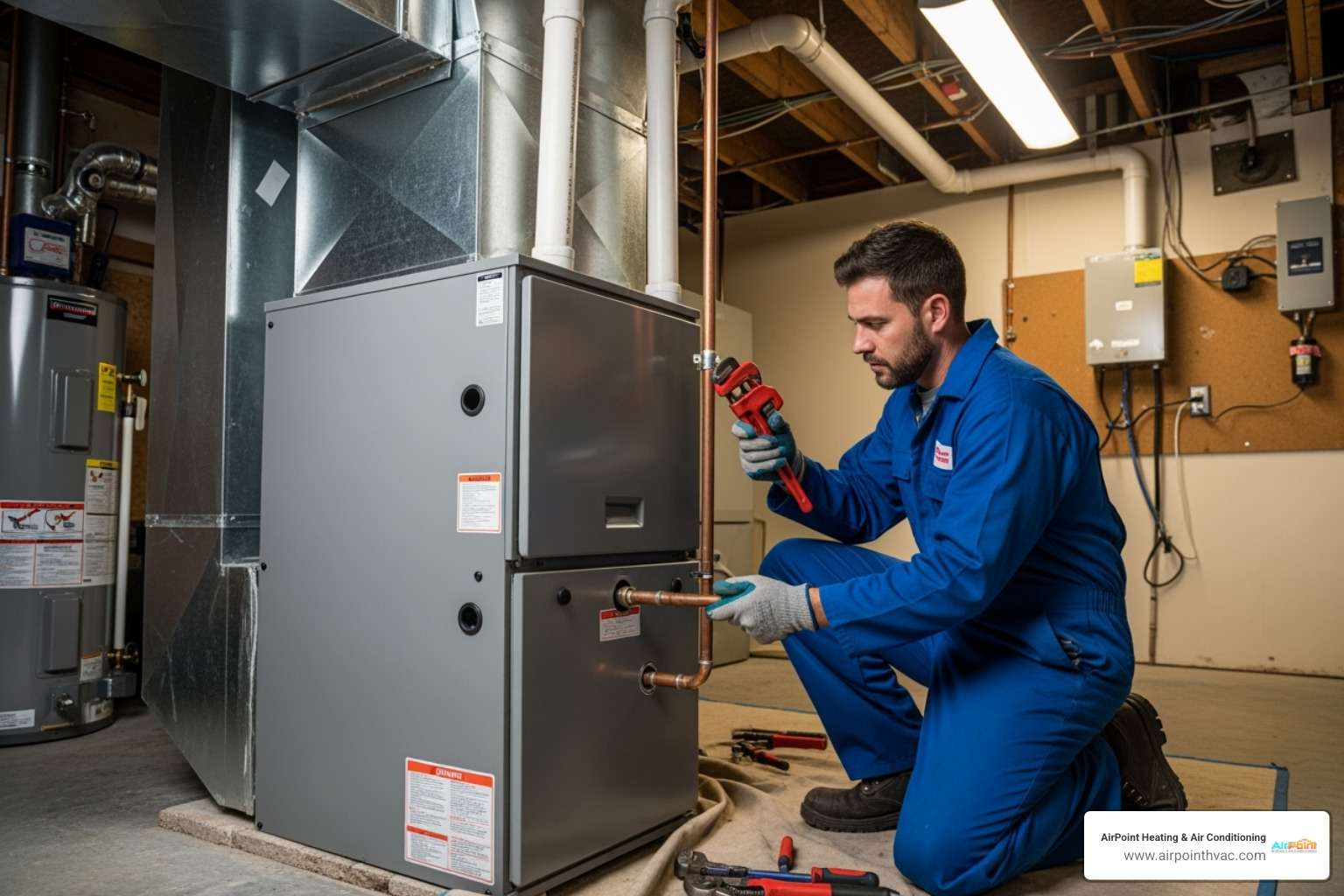 HVAC technician installing a new furnace in a residential utility room - heating installation in newport coast ca HVAC technician installing a new furnace in a residential utility room - heating installation in newport coast ca