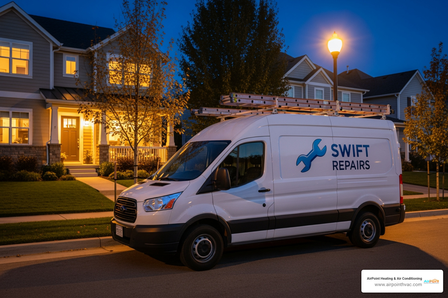 service van at night in a residential neighborhood - 24/7 heating repair in lake forest ca