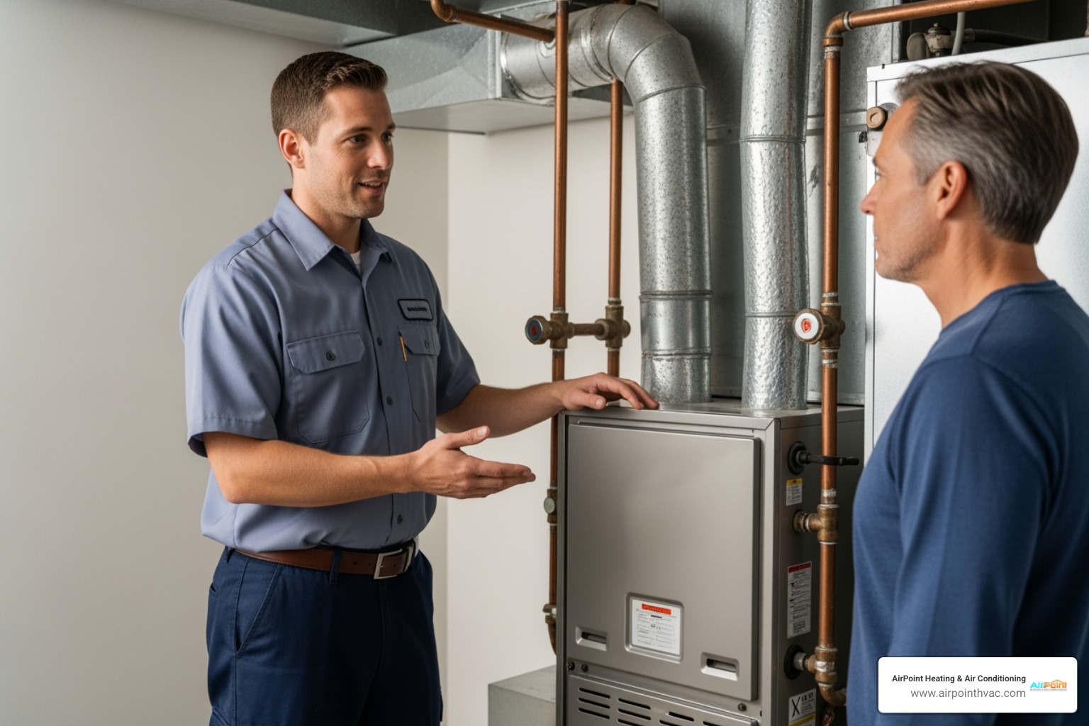 HVAC technician explaining repair vs. replacement options to a homeowner - heating installation in newport beach ca