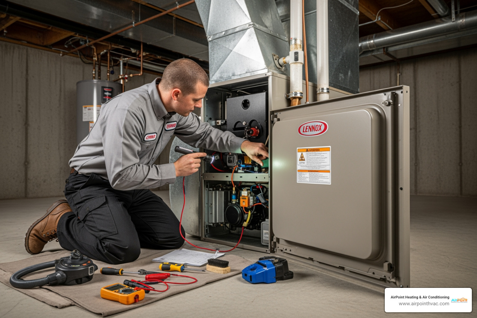 HVAC technician performing a furnace tune-up, inspecting components - heating installation in newport beach ca