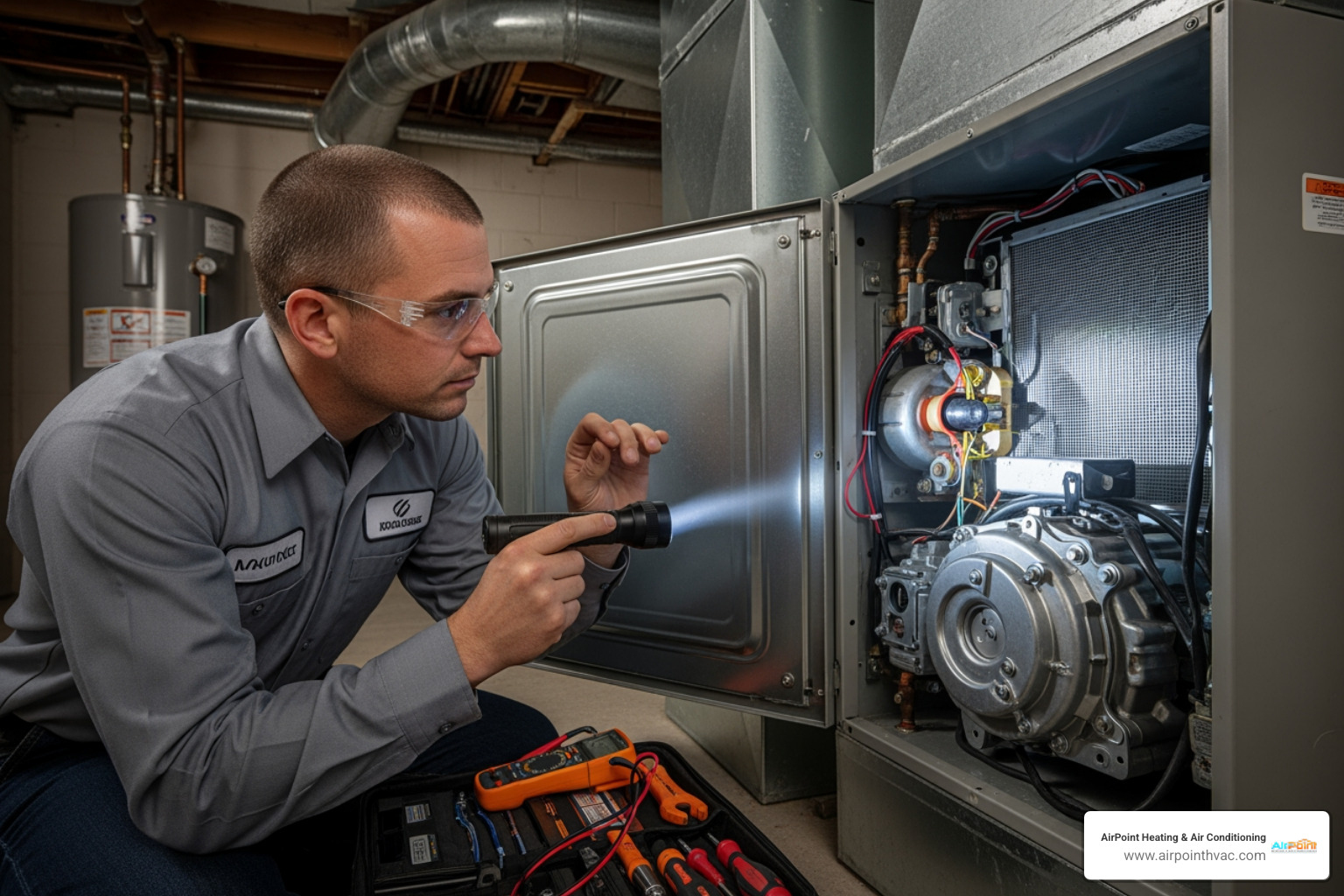 a technician inspecting a furnace unit with a flashlight, focusing on internal components - 24 hour heating service in pico rivera ca