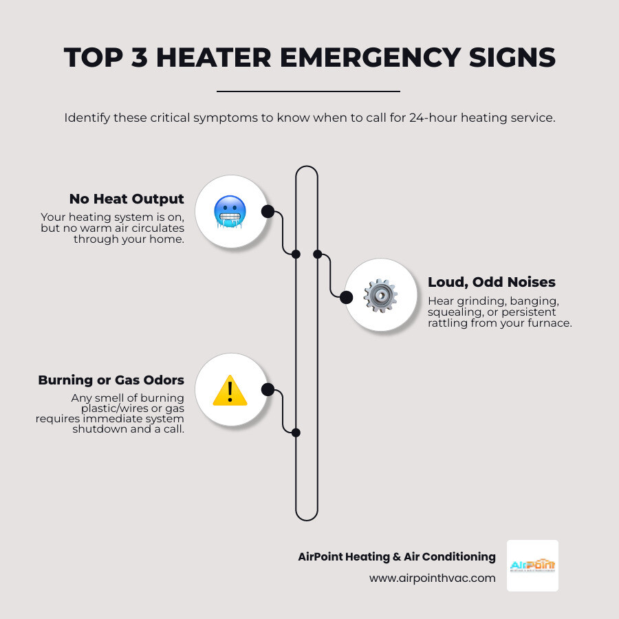 infographic showing three warning signs your heater needs immediate attention: no heat coming from vents, strange grinding or banging noises, and smell of gas or burning - 24 hour heating service in pico rivera ca infographic infographic-line-3-steps-elegant_beige