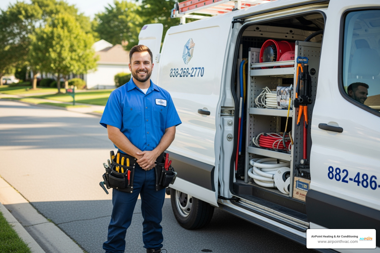 a professional, friendly HVAC technician standing next to a service van with tools, ready to work - 24 hour heating service in pico rivera ca