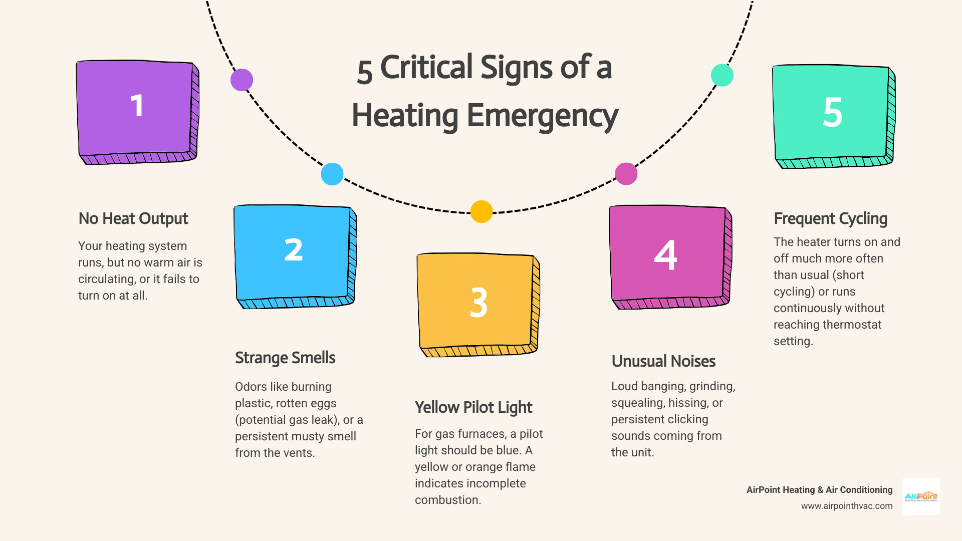 infographic showing five critical signs of a heating emergency: no heat output, strange burning smells, yellow pilot light, unusual banging or grinding noises, and frequent system cycling on and off - emergency heating repair in laguna beach ca infographic process-5-steps-informal infographic showing five critical signs of a heating emergency: no heat output, strange burning smells, yellow pilot light, unusual banging or grinding noises, and frequent system cycling on and off - emergency heating repair in laguna beach ca infographic process-5-steps-informal