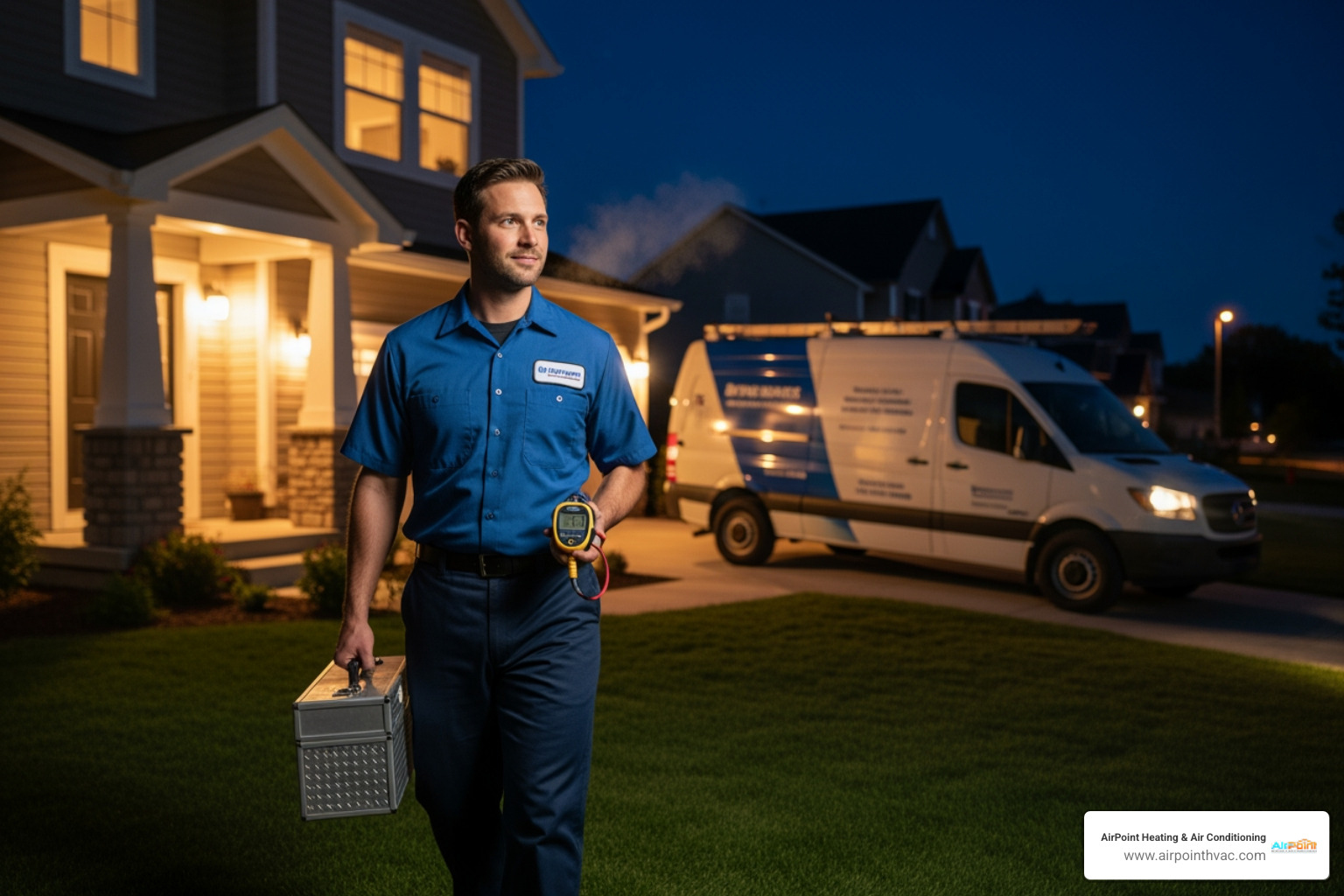 professional technician arriving at a home at night - 24 hour heating service in tustin ca professional technician arriving at a home at night - 24 hour heating service in tustin ca