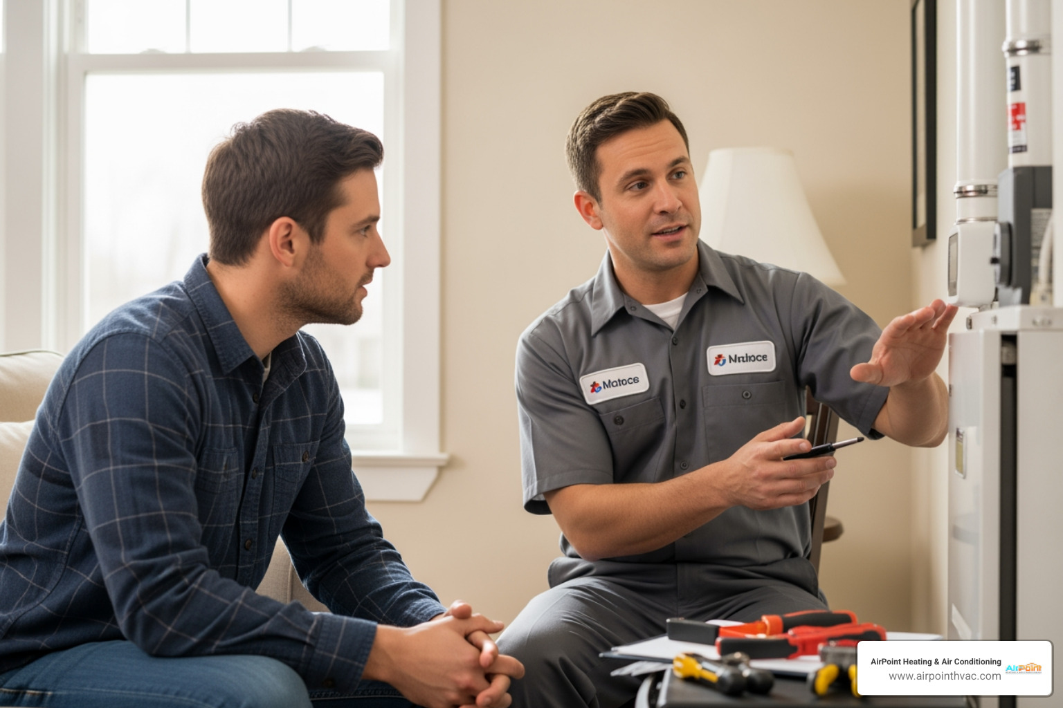 technician explaining a repair to a homeowner - 24 hour heating service in santa ana ca