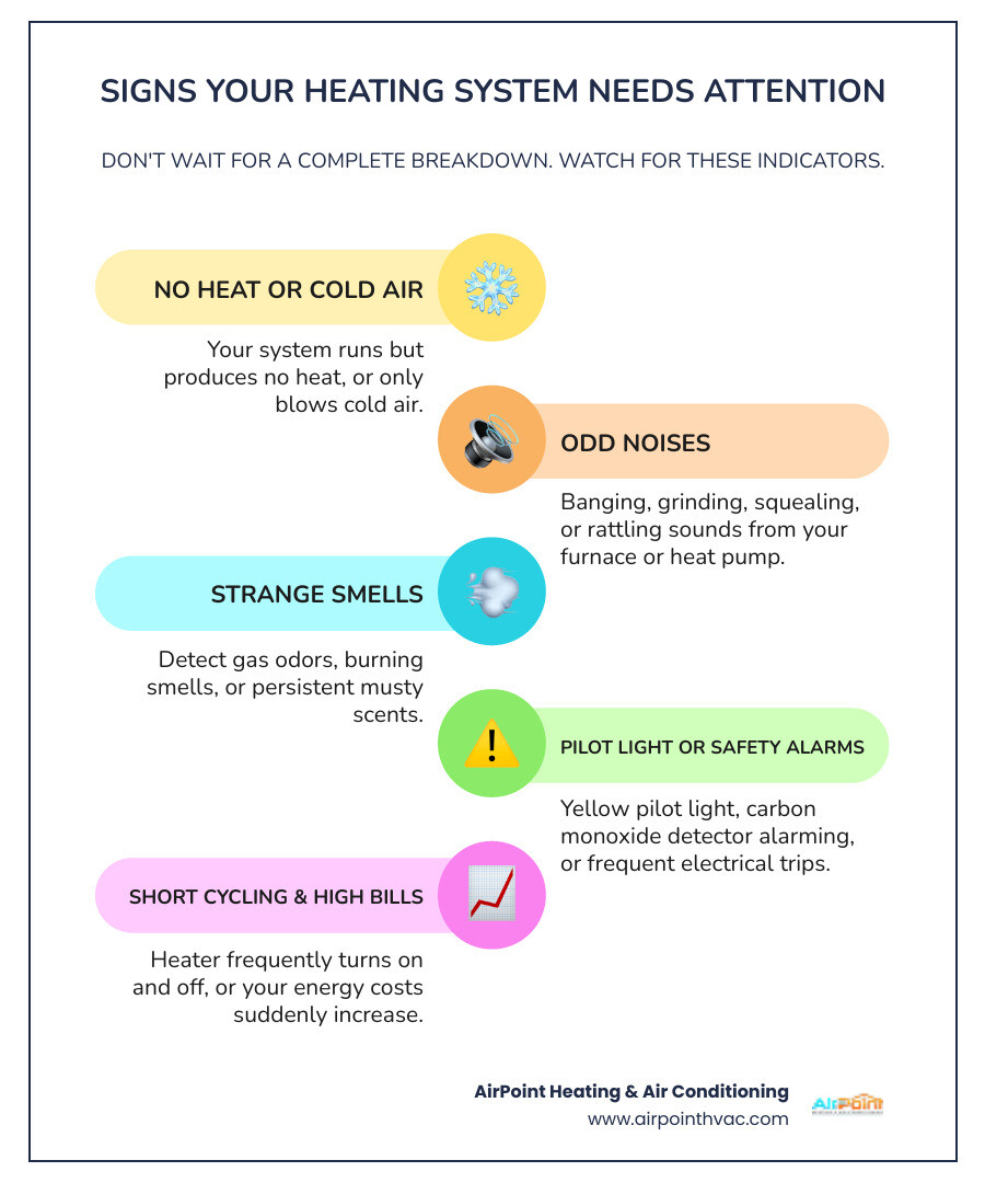 infographic showing warning signs of heating system failure including no heat production, unusual noises like banging or grinding, gas or burning odors, yellow pilot light flame, frequent on-off cycling, and rising energy bills - 24 hour heating service in santa ana ca infographic infographic-line-5-steps-colors