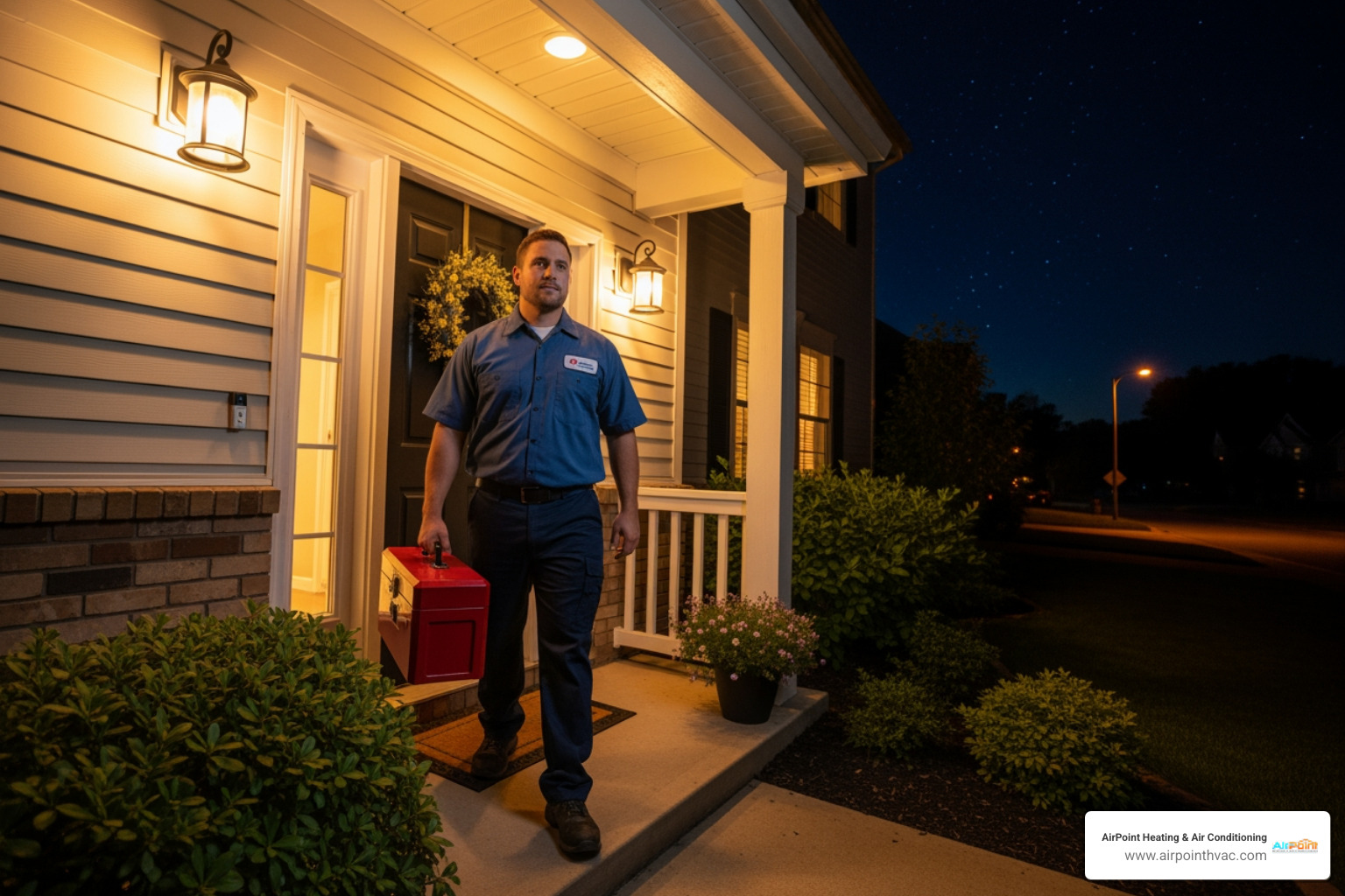 professional HVAC technician arriving at a home at night - 24 hour heating service in santa ana ca