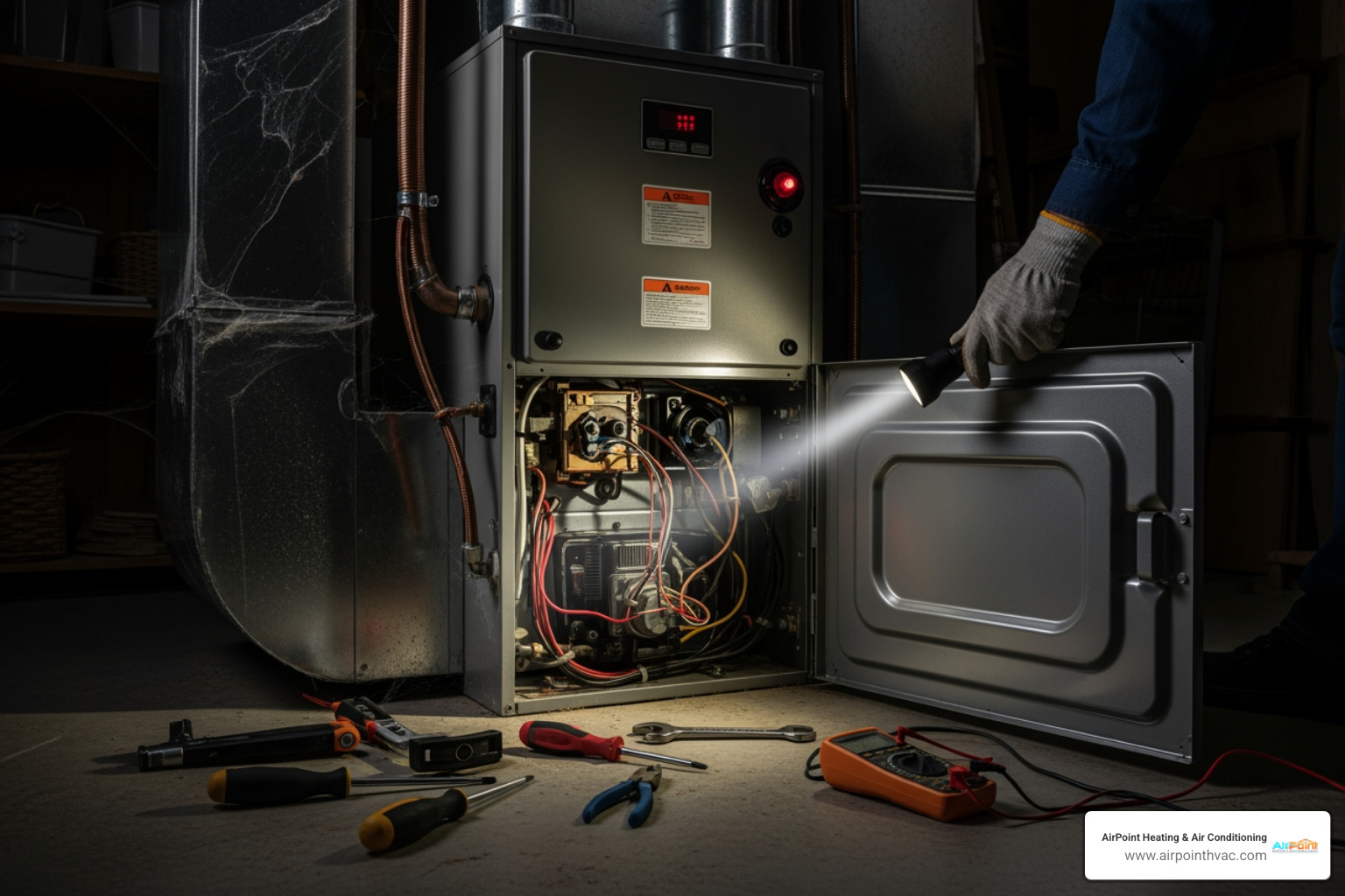 Infographic showing 4 immediate steps when furnace breaks: 1. Check thermostat settings and power, 2. Inspect air filter and vents, 3. If gas smell detected evacuate and call gas company, 4. Contact emergency HVAC service in Whittier with 24/7 availability - "My furnace is broken. I need an emergency heating repair company in Whittier."