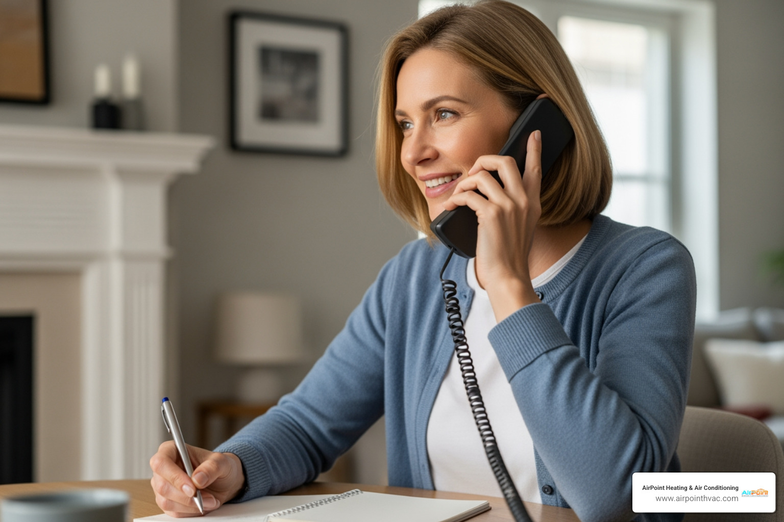 A homeowner calmly speaking on the phone to schedule a repair for their heating system, with a notepad and pen nearby. - 24/7 heating repair in laguna niguel ca A homeowner calmly speaking on the phone to schedule a repair for their heating system, with a notepad and pen nearby. - 24/7 heating repair in laguna niguel ca