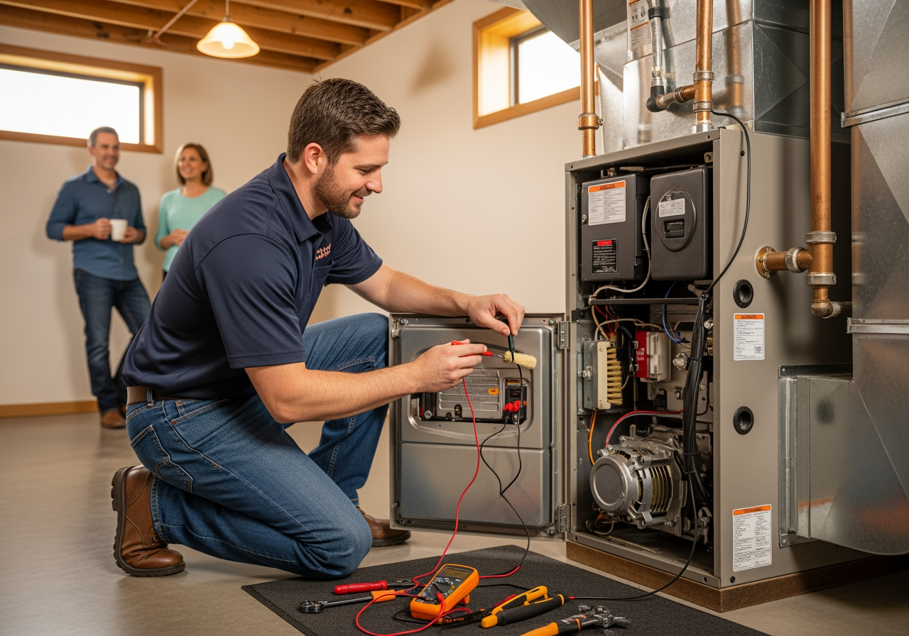 a friendly, professional technician performing a tune-up on a modern, clean furnace, with a homeowner observing in the background - heating installation in manhattan beach ca a friendly, professional technician performing a tune-up on a modern, clean furnace, with a homeowner observing in the background - heating installation in manhattan beach ca