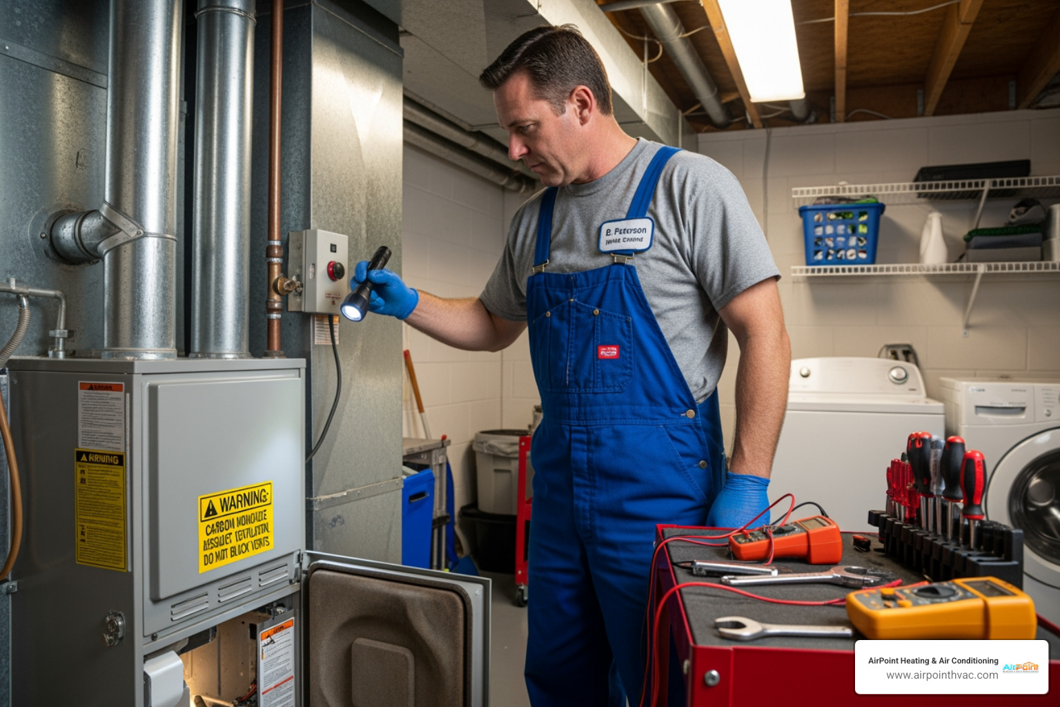 A technician inspecting a furnace with a clear warning tag - 24 hour heating service in tustin ranch ca
