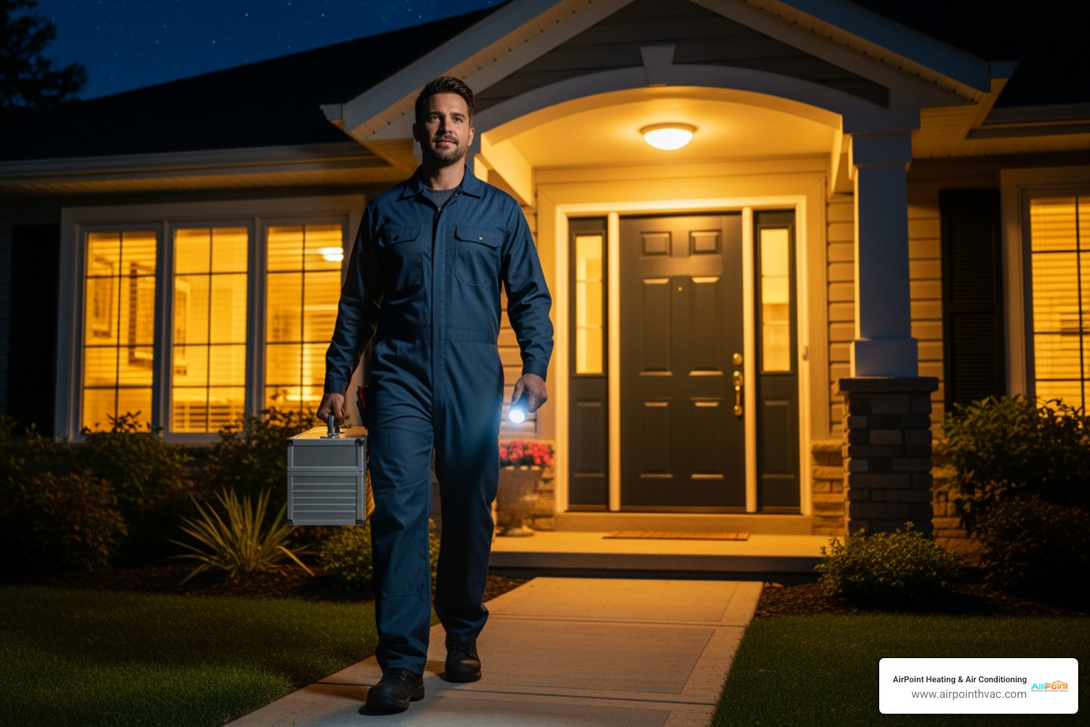A professional HVAC technician arriving at a home at night - 24 hour heating service in tustin ranch ca