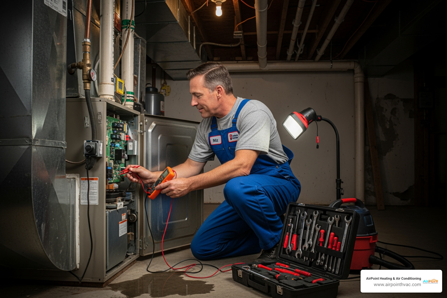 A technician performing routine maintenance on a home furnace - 24 hour heating service in tustin ranch ca